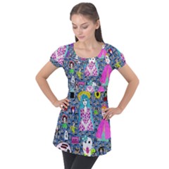 Blue Denim And Drawings Daisies Puff Sleeve Tunic Top by snowwhitegirl
