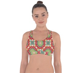 Red Green Floral Pattern Cross String Back Sports Bra by designsbymallika