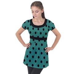 Large Black Polka Dots On Celadon Green - Puff Sleeve Tunic Top by FashionLane