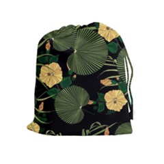 Tropical Vintage Yellow Hibiscus Floral Green Leaves Seamless Pattern Black Background  Drawstring Pouch (xl) by Sobalvarro