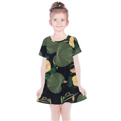 Tropical Vintage Yellow Hibiscus Floral Green Leaves Seamless Pattern Black Background  Kids  Simple Cotton Dress by Sobalvarro