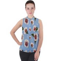 Delicate Hibiscus Flowers On A Blue Background Mock Neck Chiffon Sleeveless Top by SychEva