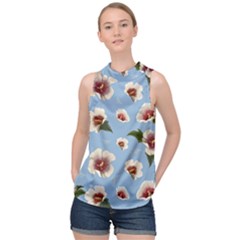 Delicate Hibiscus Flowers On A Blue Background High Neck Satin Top by SychEva
