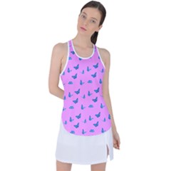 Blue Butterflies At Pastel Pink Color Background Racer Back Mesh Tank Top by Casemiro
