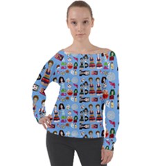 Drawing Collage Blue Off Shoulder Long Sleeve Velour Top by snowwhitegirl