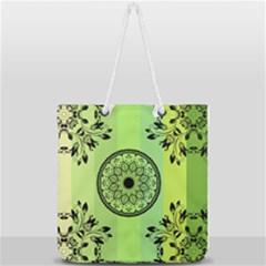 Green Grid Cute Flower Mandala Full Print Rope Handle Tote (large) by Magicworlddreamarts1