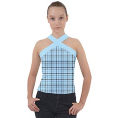 Sky Blue Tartan Plaid Pattern, With Black Lines Cross Neck Velour Top by Casemiro