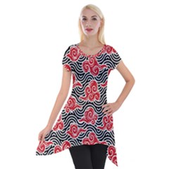 Red Black Waves Short Sleeve Side Drop Tunic by designsbymallika