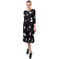 Funny Astronauts, Rockets And Rainbow Space Ruffle End Midi Chiffon Dress by SychEva