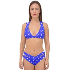 1950 Purple Blue White Dots Double Strap Halter Bikini Set