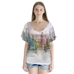Drawing-watercolor-painting-city V-neck Flutter Sleeve Top by Sudhe
