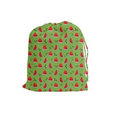 Juicy Slices Of Watermelon On A Green Background Drawstring Pouch (large) by SychEva
