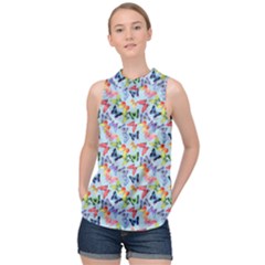 Beautiful Bright Butterflies Are Flying High Neck Satin Top by SychEva