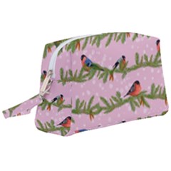Bullfinches Sit On Branches On A Pink Background Wristlet Pouch Bag (large) by SychEva