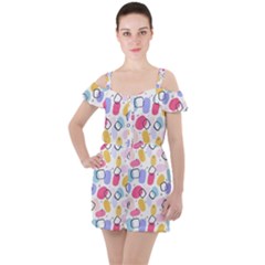 Abstract Multicolored Shapes Ruffle Cut Out Chiffon Playsuit by SychEva