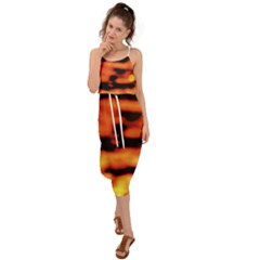 Red  Waves Abstract Series No5 Waist Tie Cover Up Chiffon Dress by DimitriosArt