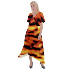 Red  Waves Abstract Series No5 Cross Front Sharkbite Hem Maxi Dress by DimitriosArt