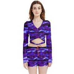 Purple  Waves Abstract Series No2 Velvet Wrap Crop Top And Shorts Set by DimitriosArt