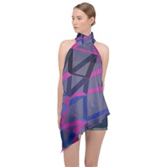 3d Lovely Geo Lines Halter Asymmetric Satin Top by Uniqued