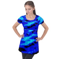 Blue Waves Abstract Series No13 Puff Sleeve Tunic Top by DimitriosArt