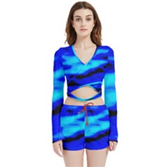 Blue Waves Abstract Series No13 Velvet Wrap Crop Top And Shorts Set by DimitriosArt