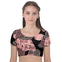 Abstrait Effet Formes Noir/rose Velvet Short Sleeve Crop Top 