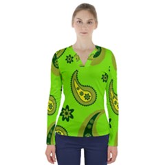 Floral Pattern Paisley Style Paisley Print  Doodle Background V-neck Long Sleeve Top by Eskimos
