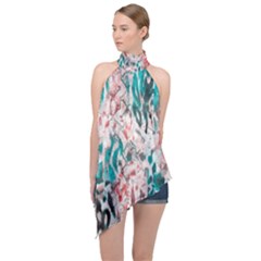 Colorful Spotted Reptilian Coral Halter Asymmetric Satin Top