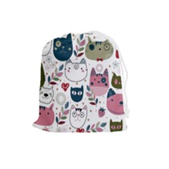 Pattern With Cute Cat Heads Drawstring Pouch (large) by Jancukart