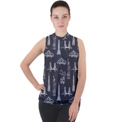 Nyc Pattern Mock Neck Chiffon Sleeveless Top by Jancukart