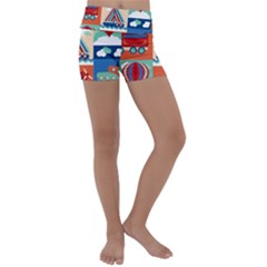 Toy-transport-cartoon-seamless-pattern-with-airplane-aerostat-sail-yacht-vector-illustration Kids  Lightweight Velour Yoga Shorts by Jancukart