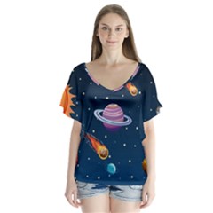 Background-template-with-bright-stars-dark-sky V-neck Flutter Sleeve Top by Jancukart