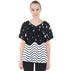 Black And White Waves And Stars Abstract Backdrop Clipart V-neck Dolman Drape Top by Amaryn4rt