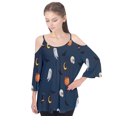 Halloween Ghost Pumpkin Bat Skull Flutter Sleeve Tee  by artworkshop