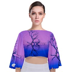 Nature-inspiration-trees-blue Tie Back Butterfly Sleeve Chiffon Top by Jancukart
