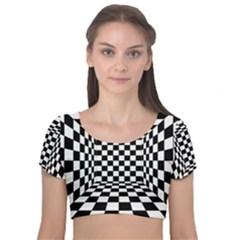 Black And White Chess Checkered Spatial 3d Velvet Short Sleeve Crop Top  by Sapixe