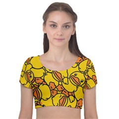 Illustration Duck Cartoon Background Pattern Velvet Short Sleeve Crop Top  by Wegoenart