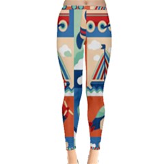 Toy Transport Cartoon Seamless-pattern-with-airplane-aerostat-sail Yacht Vector Illustration Inside Out Leggings by Jancukart
