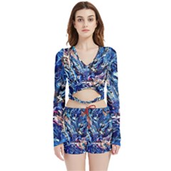 Cobalt Delta Velvet Wrap Crop Top And Shorts Set by kaleidomarblingart