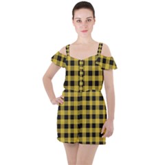 Black And Yellow Small Plaids Ruffle Cut Out Chiffon Playsuit by ConteMonfrey