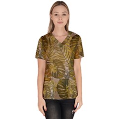 Nature Monstera Leaves Leaf Foliage Boho Style Women s V-neck Scrub Top by Wegoenart