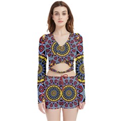 Kaleidoscope Mandala Colorful Velvet Wrap Crop Top And Shorts Set by Wegoenart