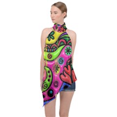 Seamless Texture Pattern Tile Halter Asymmetric Satin Top by Wegoenart