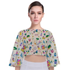 Pattern School Bag Pencil Triangle Tie Back Butterfly Sleeve Chiffon Top by Ravend