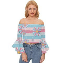 Flowers-023 Off Shoulder Flutter Bell Sleeve Top
