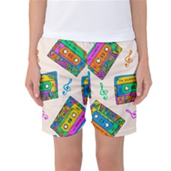 Seamless Pattern With Colorful Cassettes Hippie Style Doodle Musical Texture Wrapping Fabric Vector Women s Basketball Shorts