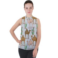 Camels-cactus-desert-pattern Mock Neck Chiffon Sleeveless Top by Jancukart
