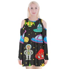 Seamless Pattern With Space Object Ufo Rocket Alien Hand Drawn Element Space Velvet Long Sleeve Shoulder Cutout Dress by Wegoenart