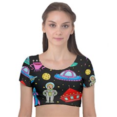 Seamless Pattern With Space Object Ufo Rocket Alien Hand Drawn Element Space Velvet Short Sleeve Crop Top 