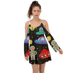 Seamless Pattern With Space Object Ufo Rocket Alien Hand Drawn Element Space Kimono Sleeves Boho Dress by Wegoenart